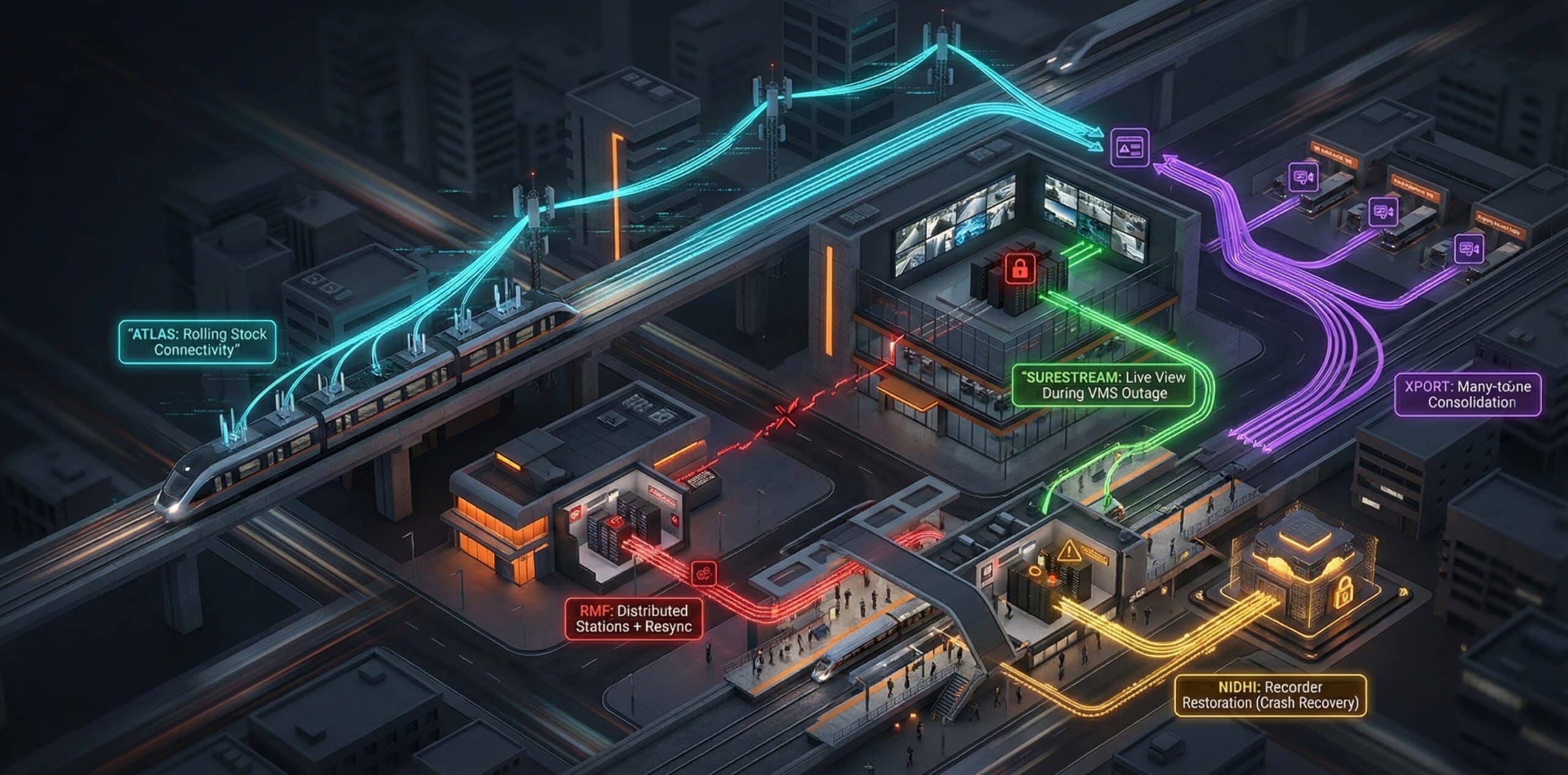 Vega Transport Architecture - Isometric diagram showing Atlas, SureStream, RMF, Nidhi, and XPort across a transit network